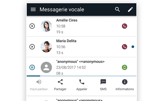 Vue sur la messagerie vocale visuelle depuis l'application Callpad de Keyyo