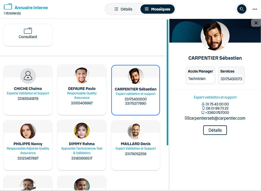 Vue sur l'interface de gestion en ligne de l'annuaire du standard téléphonique