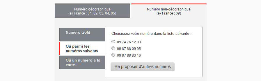 Vue sur le choix du type de numéro d'accueil pour souscrire en ligne sur le site internet keyyo.com