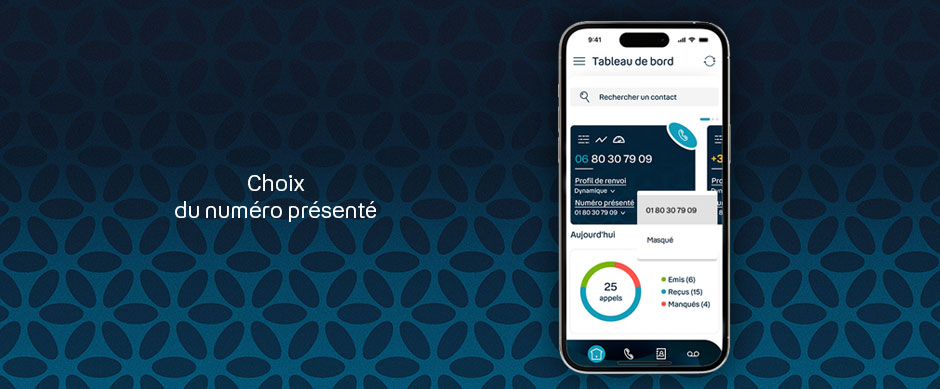 Vue sur le menu de l'application CallPad de Keyyo permettant de choisir le numéro à afficher en appel sortant