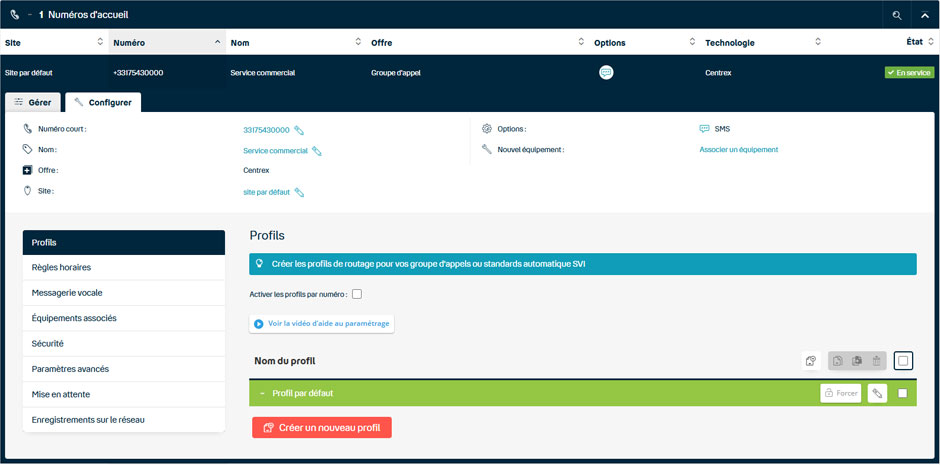 Vue sur le paramétrage de l'accueil téléphonique dans l'interface Communications Manager de Keyyo