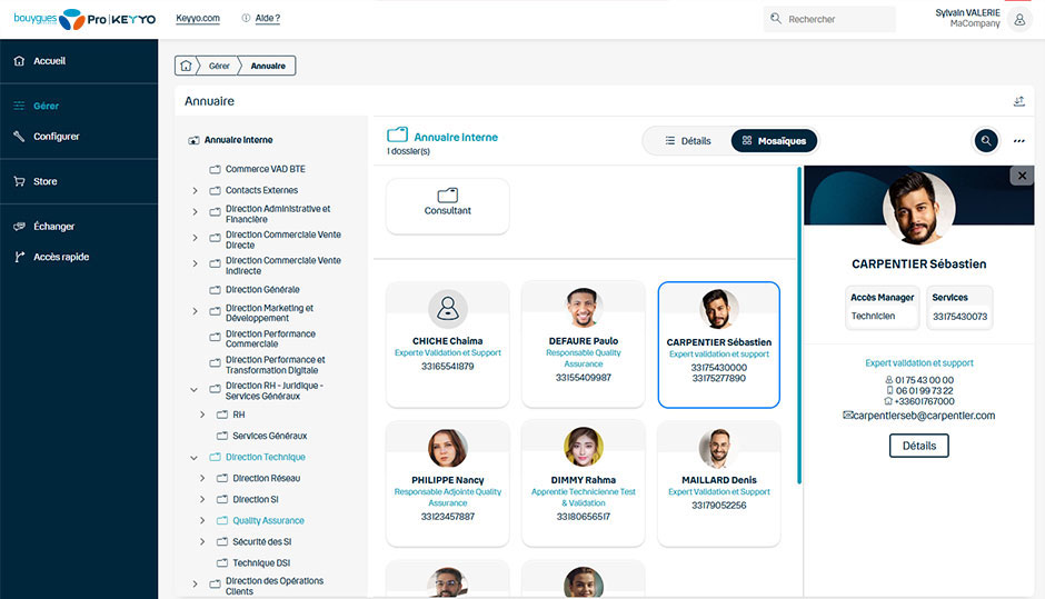 Vue sur l'annuaire d'entreprise dans l'interface Communications Manager de Keyyo