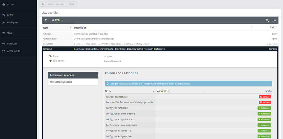 Vue sur la gestion des droits d'accès dans l'interface Communications Manager de Keyyo