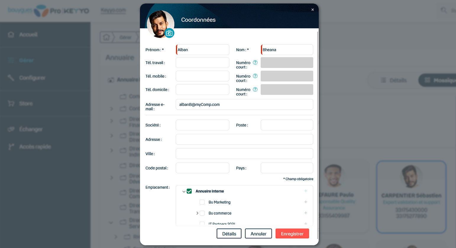 Vue sur une fiche contact détaillée dans l'annuaire d'entreprise de l'interface Communications Manager de Keyyo