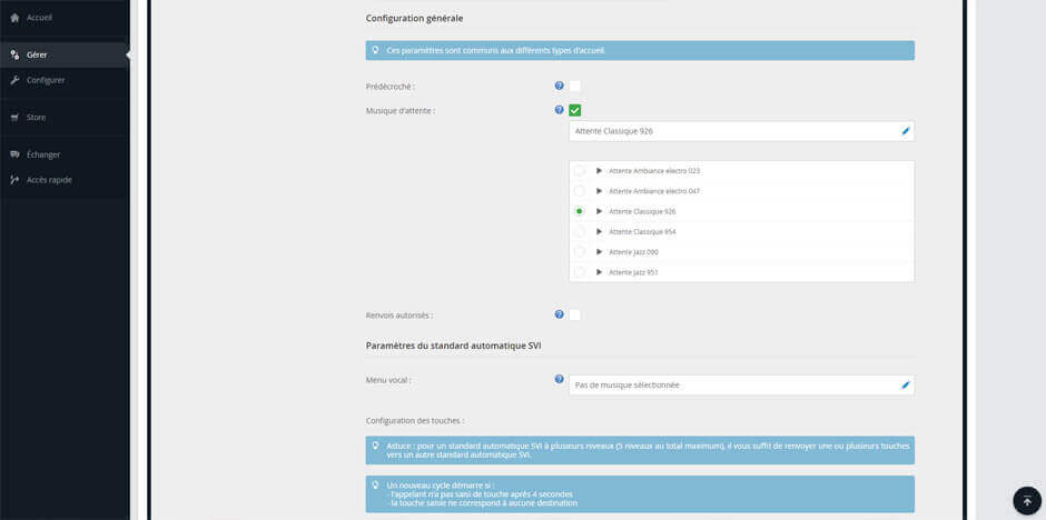 Vue sur la gestion des fichiers audio du standard téléphonique dans l'interface Communications Manager de Keyyo