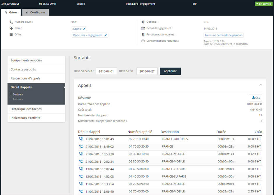 Vue sur le journal d'appels dans l'interface Communications Manager de Keyyo