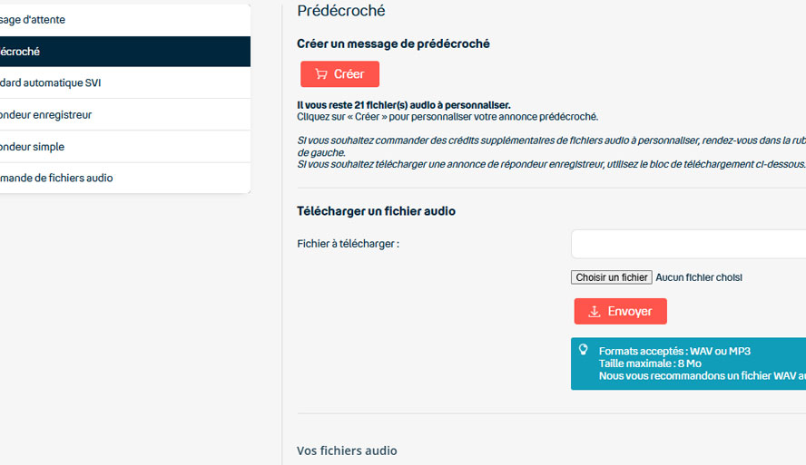 Vue sur l'interface de paramétrage en ligne du décrochage automatique du standard téléphonique