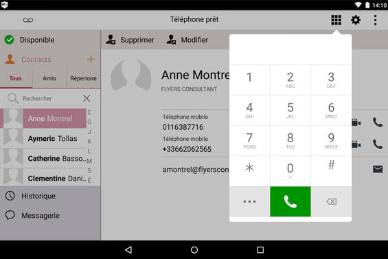 Vue sur l'écran de l'application du softphone Keyyo Phone