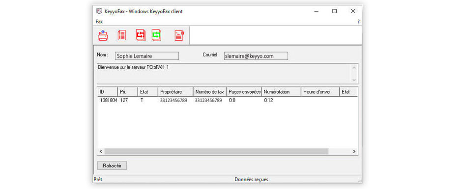 Vue sur l'envoi de fax par mail depuis l'interface de l'application Keyyo Fax