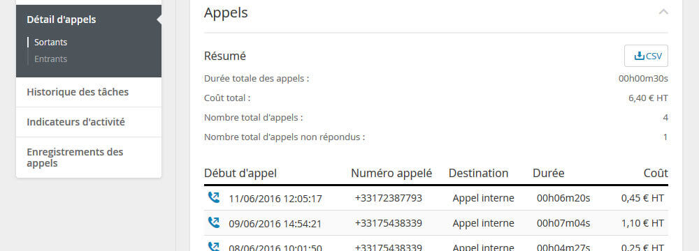 Vue sur l'interface du journal d'appels en ligne du standard téléphonique.