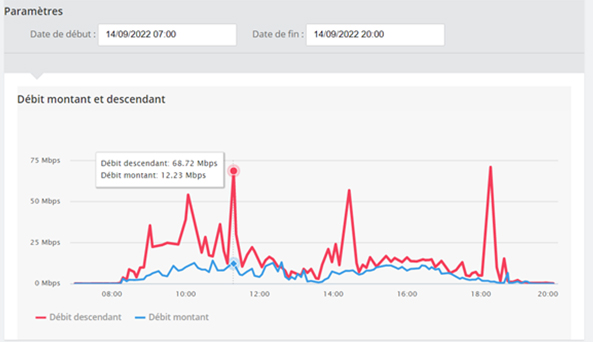 Vue sur le graphique du débit montant et descendant d'un accès internet depuis l'interface de gestion en ligne de Keyyo