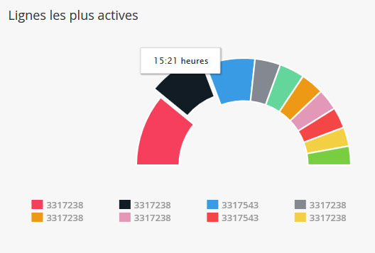 Vue sur les tableaux et graphiques des indicateurs d'activité en camembert de suivi des numéros 08 depuis l'interface de pilotage Communications Manager de Keyyo