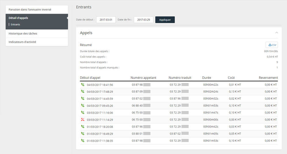 Vue sur le journal d'appels des numéros 08 depuis l'interface de pilotage Communications Manager de Keyyo