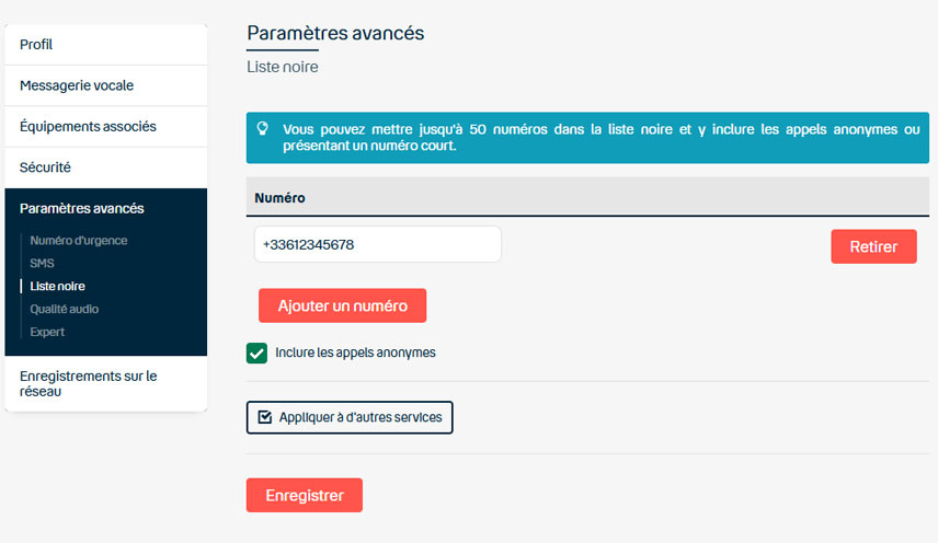 Vue sur l'interface Keyyo de paramétrage en ligne des listes noires 