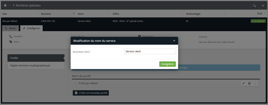 Vue sur la modification de l'intitulé d'un numéro spécial depuis l'interface de pilotage Communications Manager de Keyyo