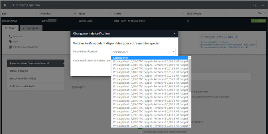 Vue sur la modification de palier tarifaire d'un numéro spécial depuis l'interface de pilotage Communications Manager de Keyyo