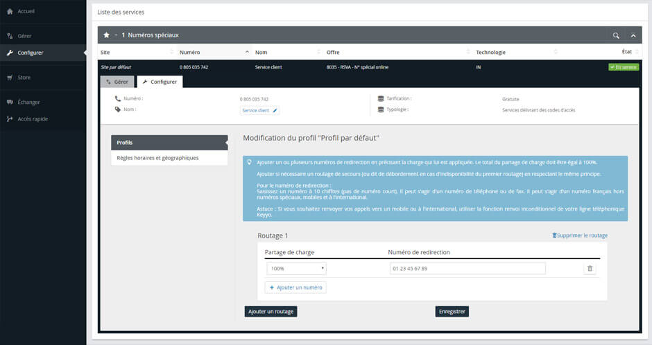 Vue sur la modification du profil de routage d'un numéro spécial depuis l'interface de pilotage Communications Manager de Keyyo