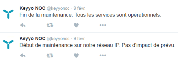 Exemple de messages d'information techniques sur le compte Twitter Keyyo Noc