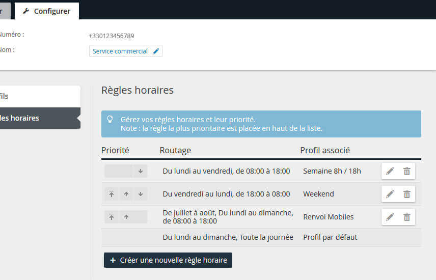 Vue sur l'interface de paramétrage en ligne du routage horaire du standard téléphonique