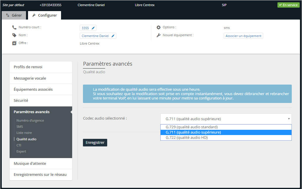 Vue sur la configuration de la qualité audio des appels téléphoniques sur l'interface du Communications Manager de Keyyo