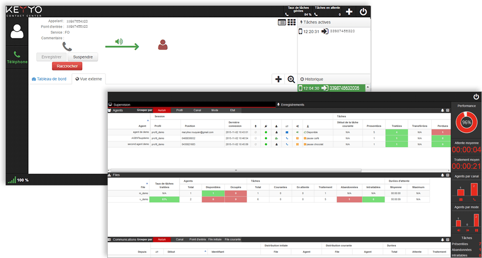 Vue des consoles agents et superviseurs de Keyyo Contact Center