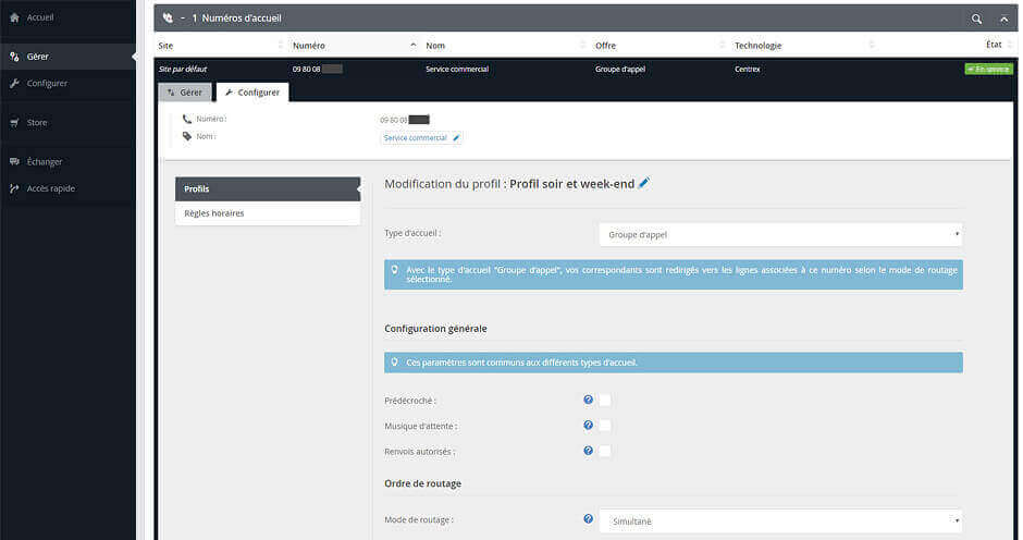 Vue sur l'interface de paramétrage en ligne des groupes d'appels du standard téléphonique