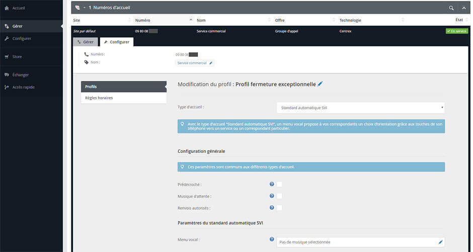 Vue sur l'interface de paramétrage en ligne du serveur vocal interactif du standard téléphonique