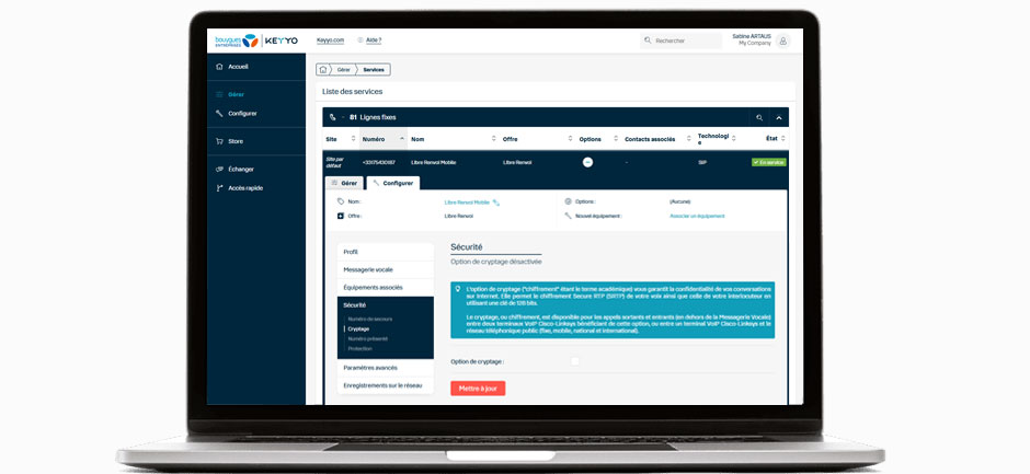 Vue sur l'interface Keyyo de paramétrage en ligne du cryptage des appels téléphoniques