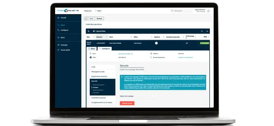 Vue sur l'interface Keyyo de paramétrage en ligne du cryptage des appels téléphoniques
