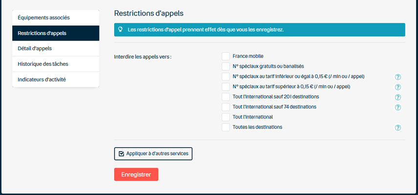 Vue sur la gestion des restrictions d'appels depuis l'interface de paramétrage en ligne Keyyo