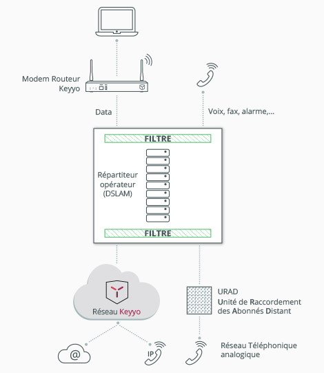 Schéma de comparaison entre un accès internet en dégroupe total et un accès en dégroupage partiel