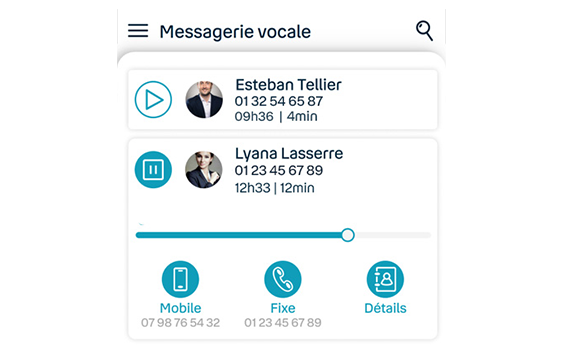 Vue sur la messagerie vocale visuelle depuis l'application Callpad de Keyyo